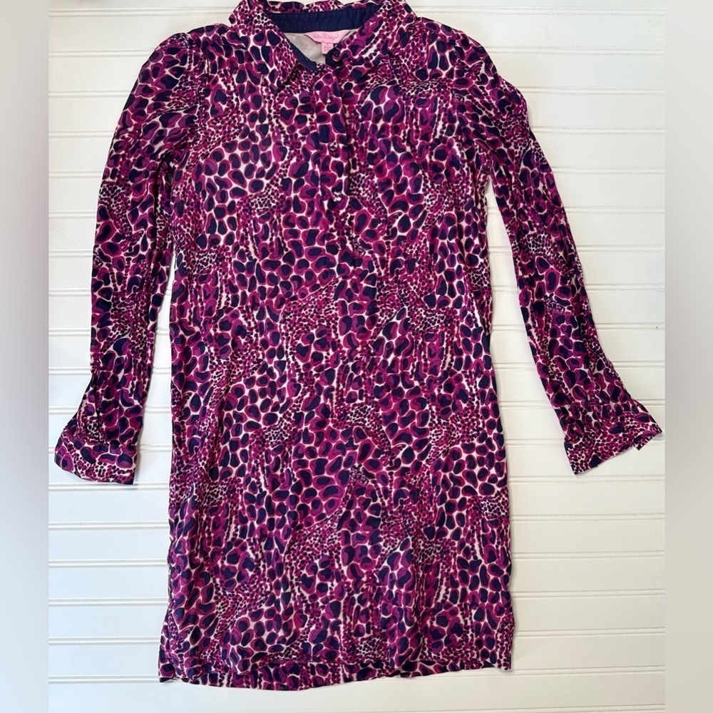 Lilly Pulitzer Davie Hollyhock Gigi Giraffe Print Shirt Dress 0. 977